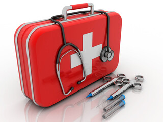 3d rendering First aid kit with stethoscope near Syringe 