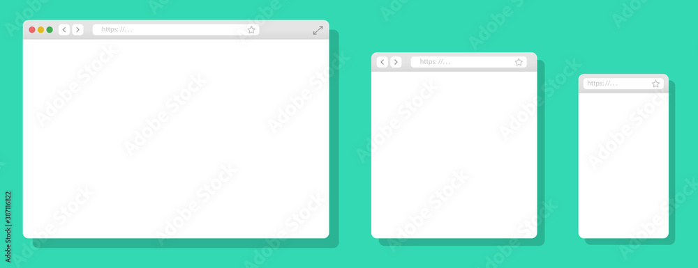 Poster browser mockups different devices web window mobile, laptop and tablet screen in internet. realistic