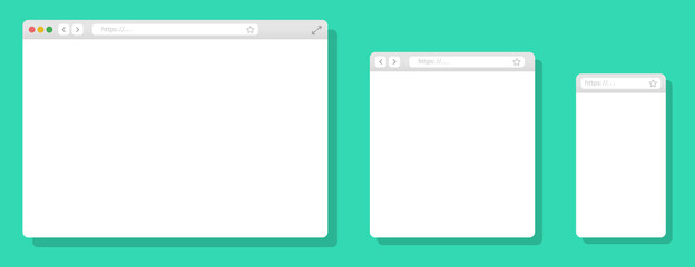 Browser mockups different devices web window mobile, laptop and tablet screen in internet. Realistic browser window. Web browser template. Flat style vector illustration.