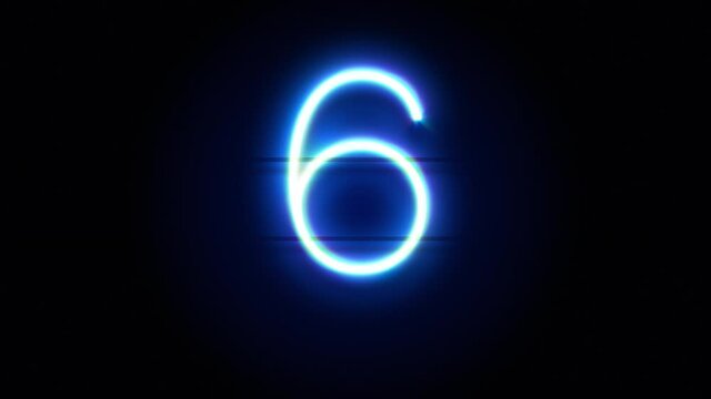 Neon number 6 appear in center and disappear after some time. Animated blue neon alphabet symbol on black background. Looped animation.