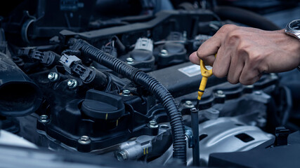 The car mechanic's hand checks his car's oil level.