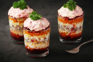 Dressed herring or herring under fur - traditional Russian salad