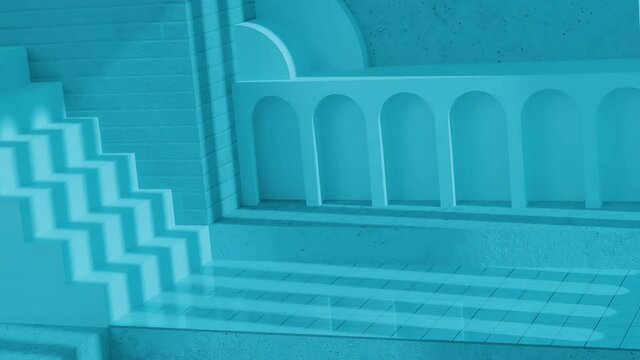 Abstract architectural background. Flying on a concrete minimalistic interior.