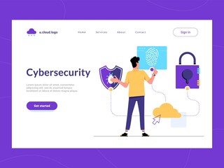 Cybersecurity landing page first screen. Man looking for malware protection, user verification and information security solution for business. Risk reduce and cyber attacks defense of data