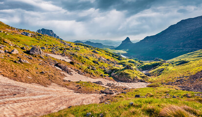 Dramatic summer view from Sedlo pass of Durmitor National Prk. Stunning morning scene of Montenegro, Europe. Beautiful world of Mediterranean countries. Beauty of nature concept background..