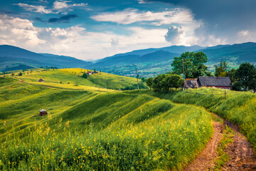 Fototapeta na wymiar Picturesque summer scene of Stebnyi village, Transcarpathian region, Ukraine, Europe. Dramatic evening view of Carpathian mountains. Traveling concept background..
