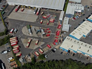 aerial view of Royal Mail sorting depot with lorries and sorting depot