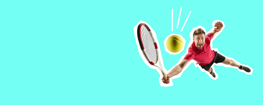 Sportsman, tennis player in high jumping. Collage in magazine style with bright blue background. Flyer with trendy colors, copyspace for ad. Discount, sales season, fashion and style concept. - Powered by Adobe