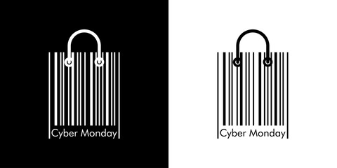 Ofertas del Cyber Monday. Logotipo lineal con texto Cyber Monday en código de barras como bolsa de la compra en fondo negro y fondo blanco