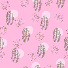 Circles, dots, waves. Abstract seamless pattern on a pink background