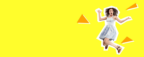 Stylish beautiful woman in dress jumping high. Collage in magazine style with bright yellow background. Flyer with trendy colors, copyspace for ad. Discount, sales season, fashion and style concept.