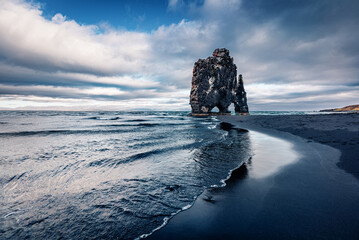 Incredible morning view of huge basalt stack - Hvitserkur. Fabulous summer scene of eastern shore...