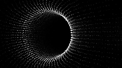 Futuristic black funnel. Particles space travel tunnel. Abstract wormhole with surface warp. Vector illustration.