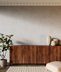 Interior with wood dresser, plants and carpet. 3d render illustration mock up. - obrazy, fototapety, plakaty