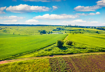 View from flying drone of Pochapyntsi pond and village. Incredible summer scene of Ukrainian countryside, Ternopil region, Ukraine. Aerial view of fields of potato. Traveling concept background.