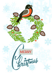 Merry Christmas and Happy New Year Greeting Card with Bullfinch and Christmas Tree Branch