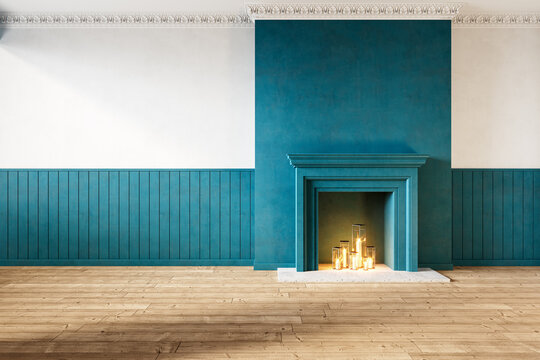 Modern classic interior with fireplace, turquoise wall panels, and candles. 3d render illustration mock up.