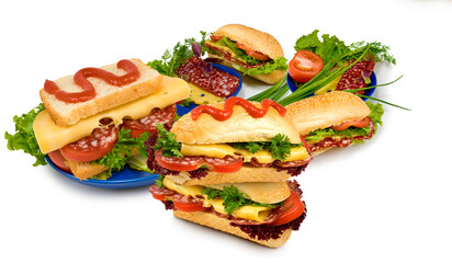 Isolated image of hamburgers and sandwiches on white background