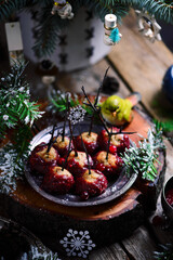 Obraz na płótnie Canvas Cranberry Glazed Turkey Meatballs in a Christmas decor.