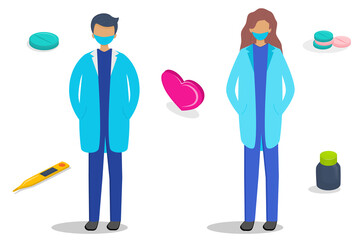 Doctor's profession, a man and a woman wearing a mask with distinctive icons isolated on a white background. For children's educational books. Vector illustration in flat style..