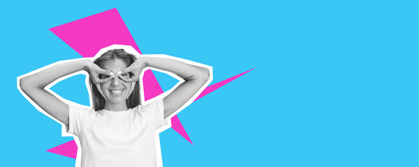 Superhero posing young beautiful girl. Collage in magazine style with bright blue background. Flyer with trendy colors, copyspace for ad. Discount, sales season, fashion and style concept.