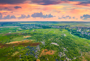 Aerial summer view of flooded valley. Amazing landscape of snake shape Seret river. Breathtaking...