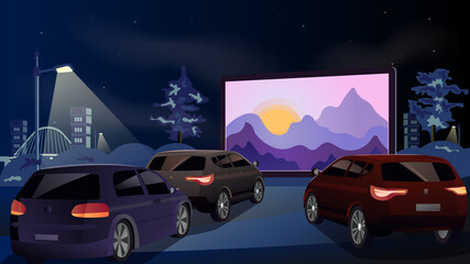 Fototapeta na wymiar Open air cinema for street car. Cars watch a movie in an open parking lot at night. On the screen the sunrise from behind the mountains. Urban entertainment and film festival. Vector. Illustration