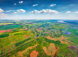 Aerial summer view of flooded valley. Attractive landscape of snake shape Seret river. Beautiful...