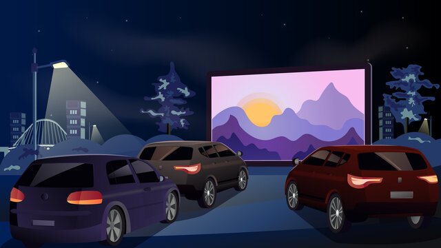 Open air cinema for street car. Cars watch a movie in an open parking lot at night. On the screen the sunrise from behind the mountains. Urban entertainment and film festival. Vector. Illustration