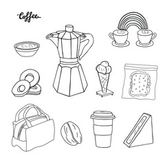 Coffee set. Coffee maker, cup, mug, donuts,sandwich, lunch bag, coffee min and ice cream. Hand drawn vector doodle cartoon collection