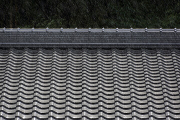 屋根瓦に降る雨