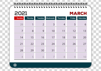 March 2021. Calendar planner design template. Week starts on Sunday.	
