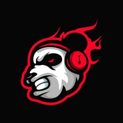 Angry panda listening to music with headphones for mascot logo