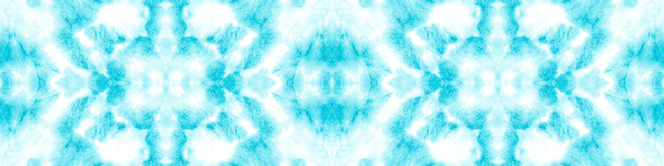 Seamless Sea Blue Border. Repeated Baby Blue Washed Out Effect. Winter Pattern. Aqua Color Icy Ornament. Turquoise Endless Tie Dye Effect. Azure Ornamental Banner. Bleach Dyeing.
