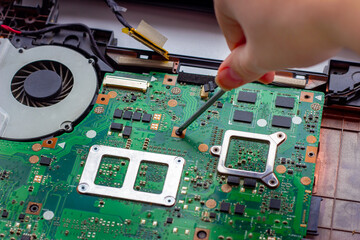 Fixing electronic components with the screwdriver inside the pc. Computer hardware, service,...
