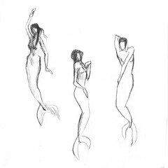 Mermaids hand sketched in a group of three, graphical depiction