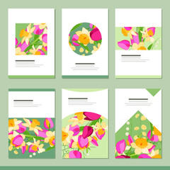 Set with six floral romantic templates. Tulips, daffodils and herbs