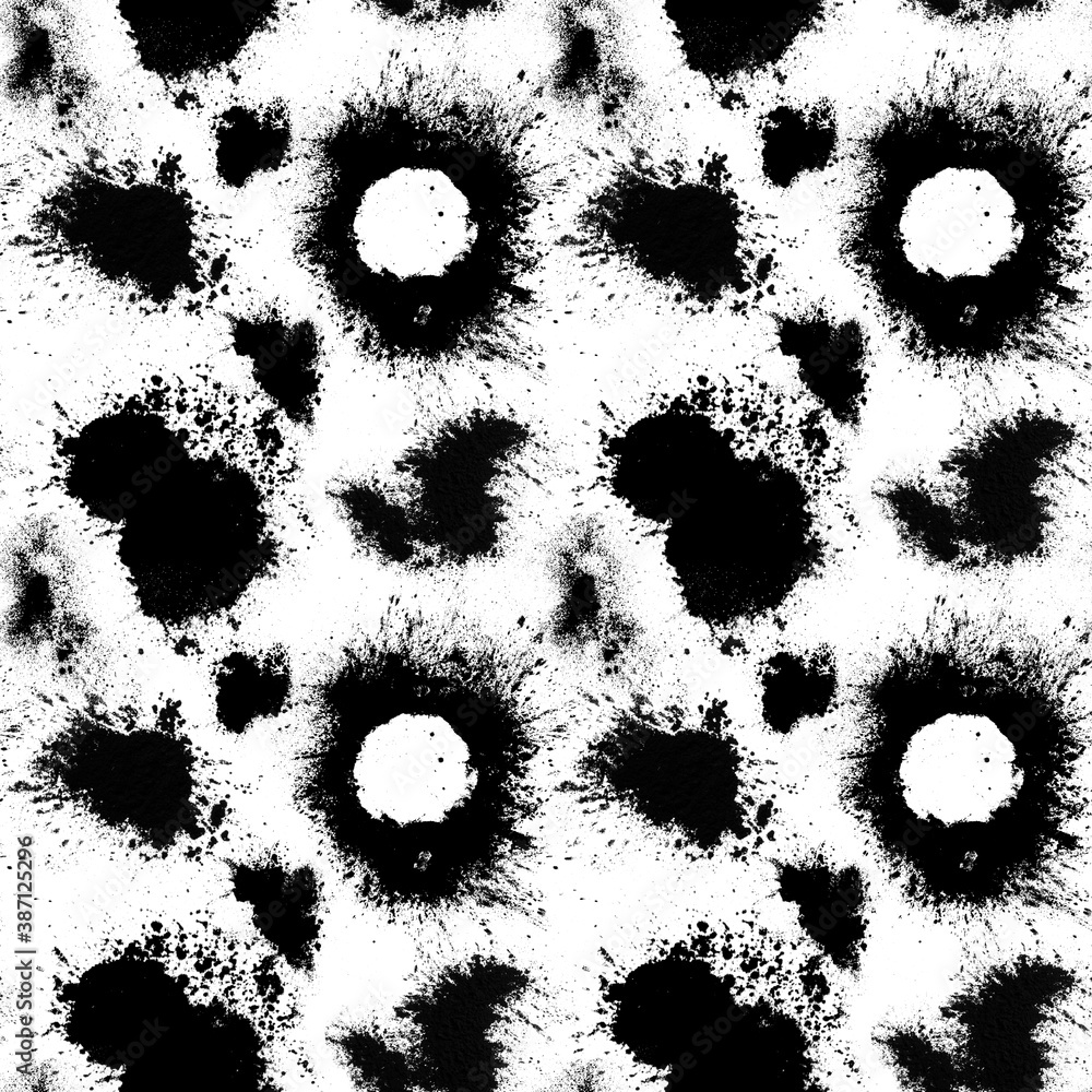Poster seamless pattern of black spots with splashes isolated on white background