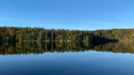 Autumn nature landscape, lake, trees, colorful, foliage, Reflections in calm water. Photography taken in October in Sweden. Blue sky background, copy space and place for text.