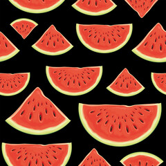 Fruit seamless pattern with red juicy watermelon slices. Vector background with the sweet ripe watermelon quarters, suitable for wallpaper, wrapping paper, textile, fabric, summer design