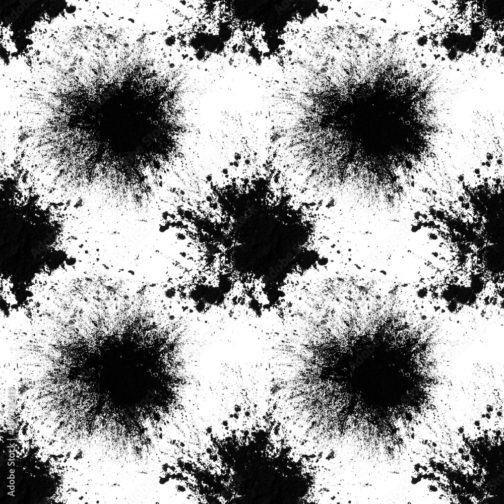 Poster seamless pattern of black spots with splashes isolated on white background