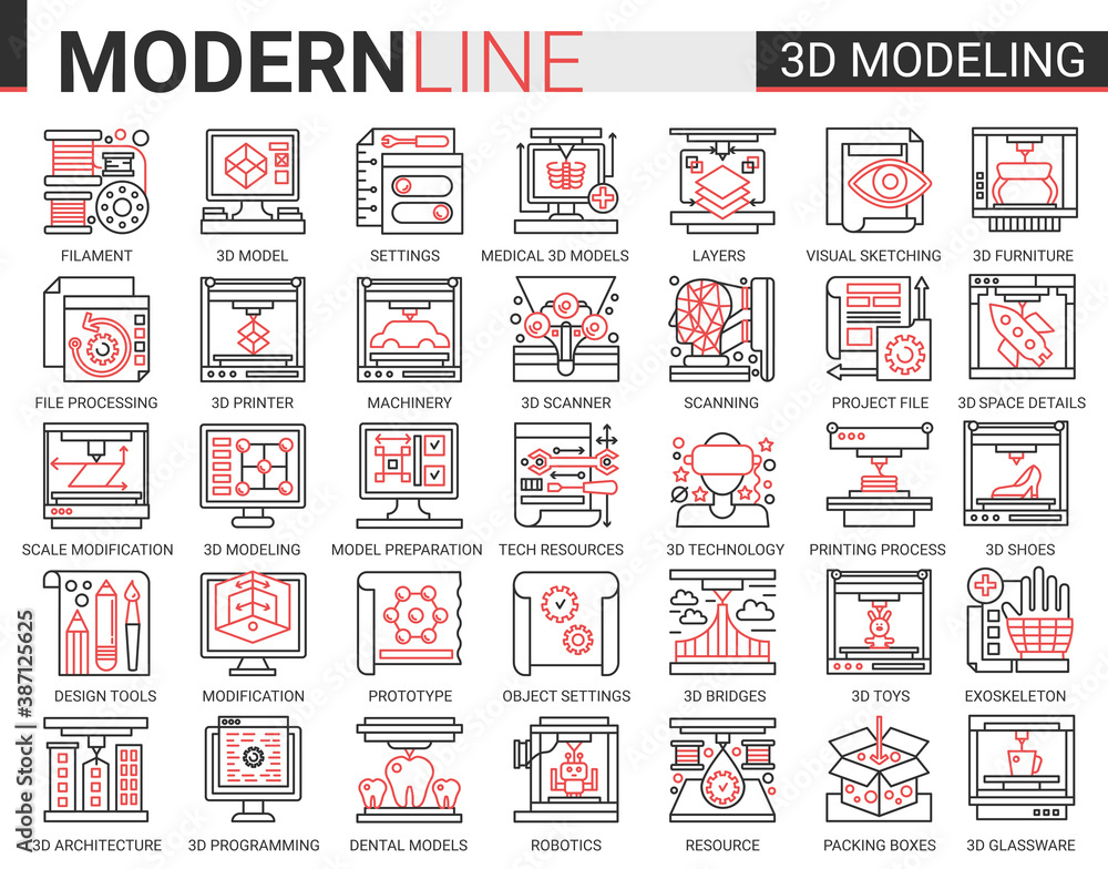 Poster 3d printing complex concept science technology thin line web icons vector set. Red black thin line creative design with modelling modern tech printer equipment machinery, future scientific innovations