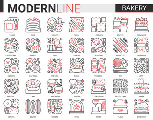 Bakery red black concept complex line icons vector set. Sweet food dessert outline pictogram collection with baker chef sugar products and equipment, bread cake pie cookie cheesecake symbols