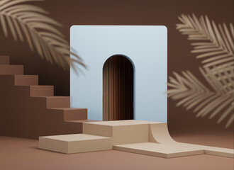 3D-Hintergrund mit Podest und Palmblatt. Exotisches Braun und Hellblau. Vitrinenset in Pastellbeige. Schönheit, kosmetische Produktpräsentation. Abstraktes Art Deco minimales natürliches 3D-Rendering © kopikoo