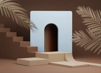 3D-Hintergrund mit Podest und Palmblatt. Exotisches Braun und Hellblau. Vitrinenset in Pastellbeige. Schönheit, kosmetische Produktpräsentation. Abstraktes Art Deco minimales natürliches 3D-Rendering © kopikoo