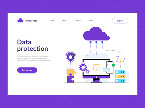 Data protection landing page first screen. Cloud solution defending corporate data base from leaks, unauthorized access. Safety from network vulnerabilities. Cyber attacks defense of data