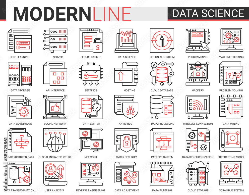 Poster Data science complex thin red black line concept icon vector set with outline symbols collection scientific technology in database storage internet systems, cyber security of network connection