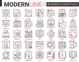 Business complex concept thin red black line icon vector set. Business essential website outline pictogram symbols collection with office objects, equipment documents for financial development