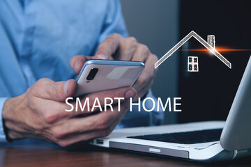 businessman presses smart home icon