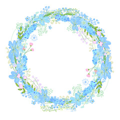 Round frame with pretty flowers muscari and text Happy Easter. Festive floral circle for your season design.